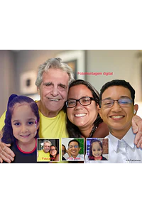 Fotomontagem digital. Uma arte que une gerações: seu pai e seu filho juntos em uma única lembrança.