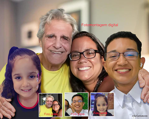 Fotomontagem digital. Uma arte que une gerações: seu pai e seu filho juntos em uma única lembrança.