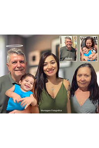 Fotomontagem digital. Uma arte que une gerações: seu pai e seu filho juntos em uma única lembrança.