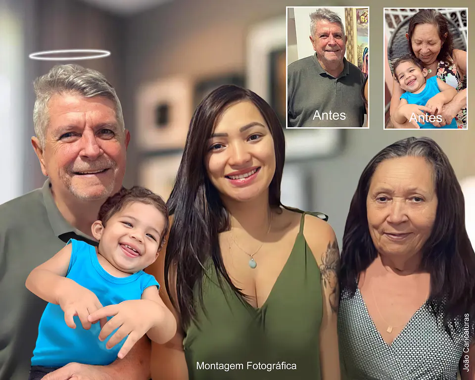 Fotomontagem digital. Uma arte que une gerações: seu pai e seu filho juntos em uma única lembrança. 3