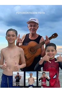 Fotomontagem digital. Uma arte que une gerações: seu pai e seu filho juntos em uma única lembrança.