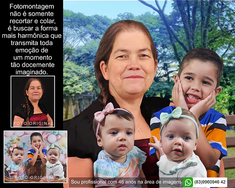 Fotomontagem digital. Uma arte que une gerações: seu pai e seu filho juntos em uma única lembrança.
