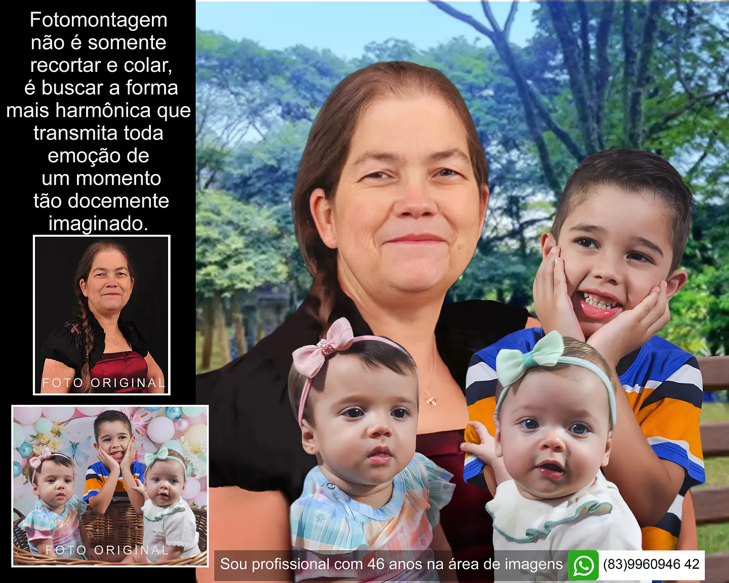 Fotomontagem digital. Uma arte que une gerações: seu pai e seu filho juntos em uma única lembrança. 1