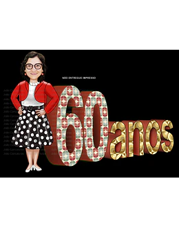 Caricatura mulher Aniversariante festa estilo anos 50 60 70 80 vestido bolinha amarelinha sra idosa velha guarda caricatura desenho letras letreiro moda vestimenta