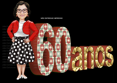 Caricatura mulher Aniversariante festa estilo anos 50 60 70 80 vestido bolinha amarelinha sra idosa velha guarda caricatura desenho letras letreiro moda vestimenta