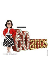 Caricatura mulher Aniversariante festa estilo anos 50 60 70 80 vestido bolinha amarelinha sra idosa velha guarda caricatura desenho letras letreiro moda vestimenta