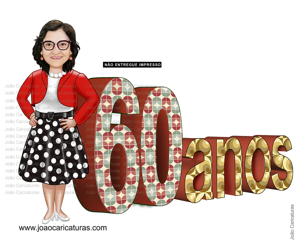 Caricatura mulher Aniversariante festa estilo anos 50 60 70 80 vestido bolinha amarelinha sra idosa velha guarda caricatura desenho letras letreiro moda vestimenta 4