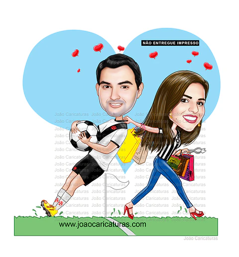 Desenho de caricatura digital namorados time vasco da gama apaixonada bola jogador tirando de campo sacolas de compras dentista puxando pela gola gastadora noiva pedido de namoro 