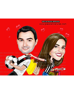 Desenho de caricatura digital namorados time vasco da gama apaixonada bola jogador tirando de campo sacolas de compras dentista puxando pela gola gastadora noiva pedido de namoro 