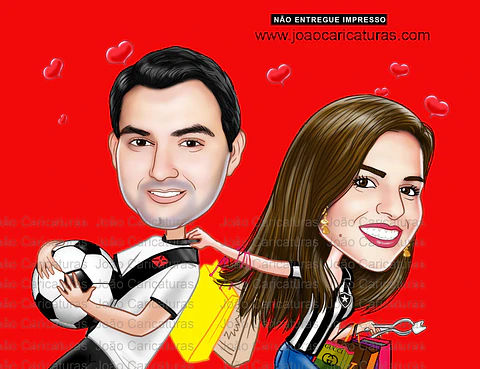 Desenho de caricatura digital namorados time vasco da gama apaixonada bola jogador tirando de campo sacolas de compras dentista puxando pela gola gastadora noiva pedido de namoro 