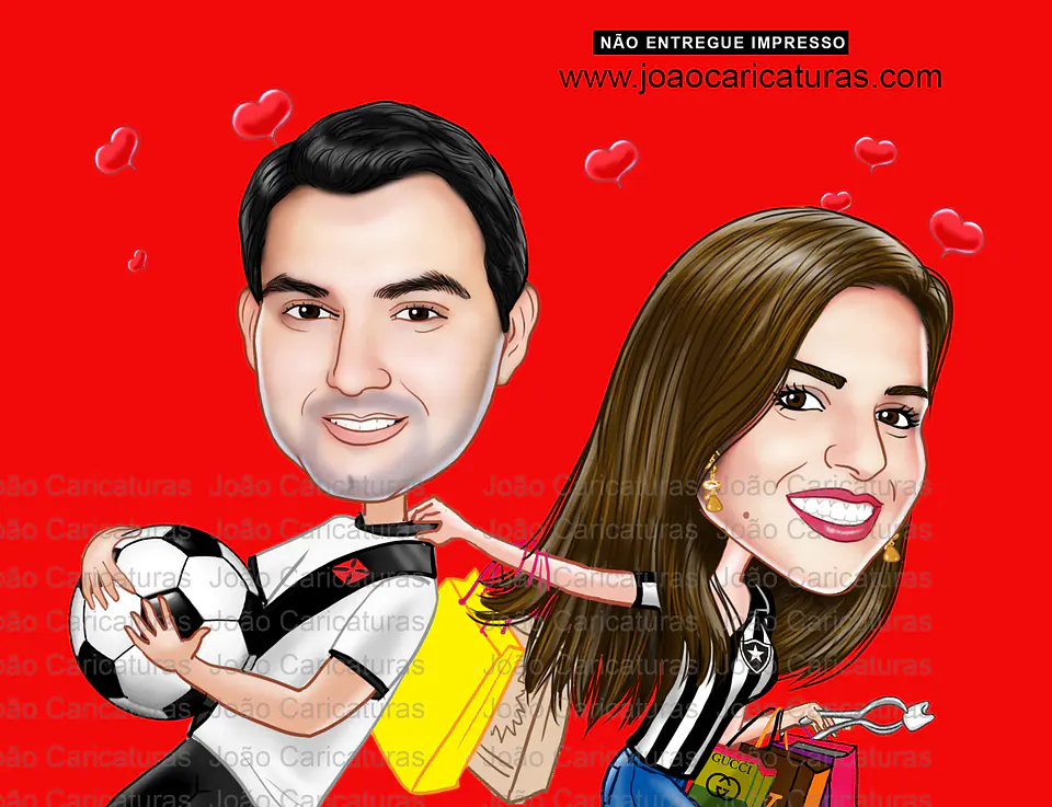 Desenho de caricatura digital namorados time vasco da gama apaixonada bola jogador tirando de campo sacolas de compras dentista puxando pela gola gastadora noiva pedido de namoro  1