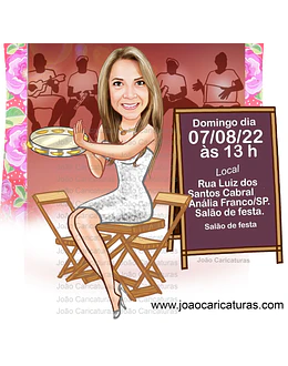 Convite com caricatura tema boteco bar restaurante mulher sentada na mesa pandeiro taça copo caneca na mão festa trintão 20 30 40 50 60 70 anos