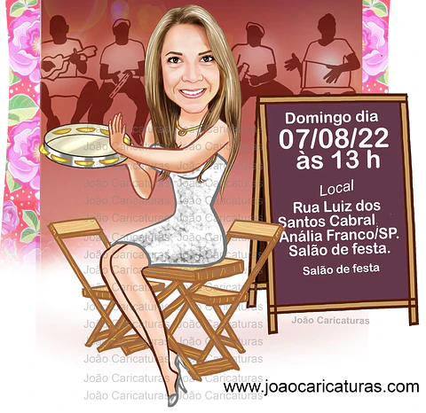 Convite com caricatura tema boteco bar restaurante mulher sentada na mesa pandeiro taça copo caneca na mão festa trintão 20 30 40 50 60 70 anos