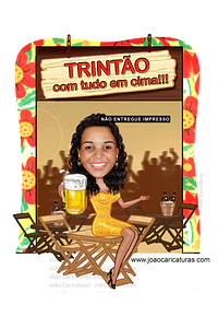 Convite com caricatura tema boteco bar restaurante mulher sentada na mesa pandeiro taça copo caneca na mão festa trintão 20 30 40 50 60 70 anos