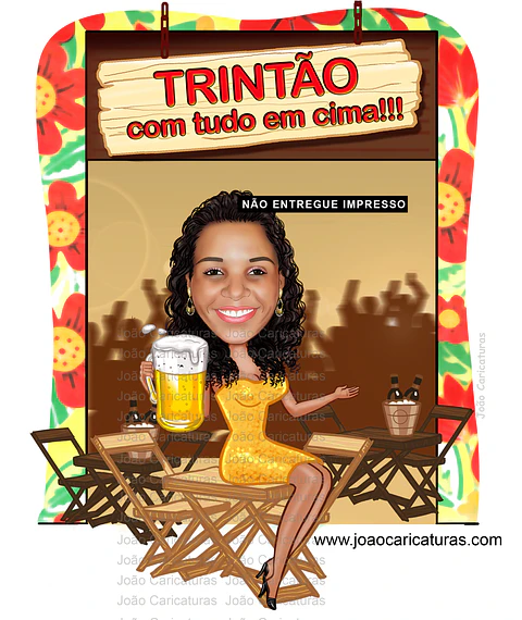 Convite com caricatura tema boteco bar restaurante mulher sentada na mesa pandeiro taça copo caneca na mão festa trintão 20 30 40 50 60 70 anos