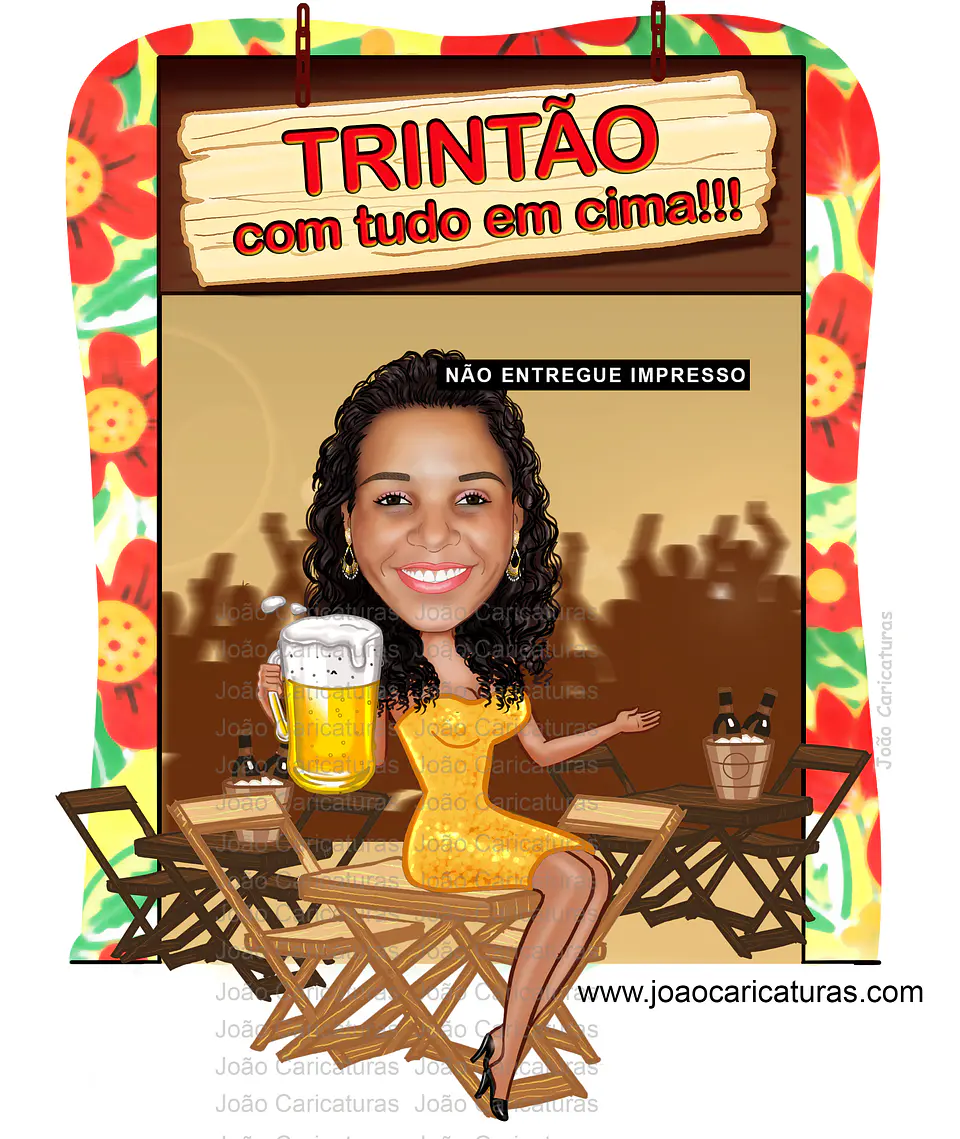 Convite com caricatura tema boteco bar restaurante mulher sentada na mesa pandeiro taça copo caneca na mão festa trintão 20 30 40 50 60 70 anos 2