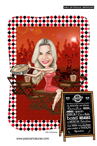 Convite com caricatura tema boteco bar restaurante mulher sentada na mesa pandeiro taça copo caneca na mão festa trintão 20 30 40 50 60 70 anos