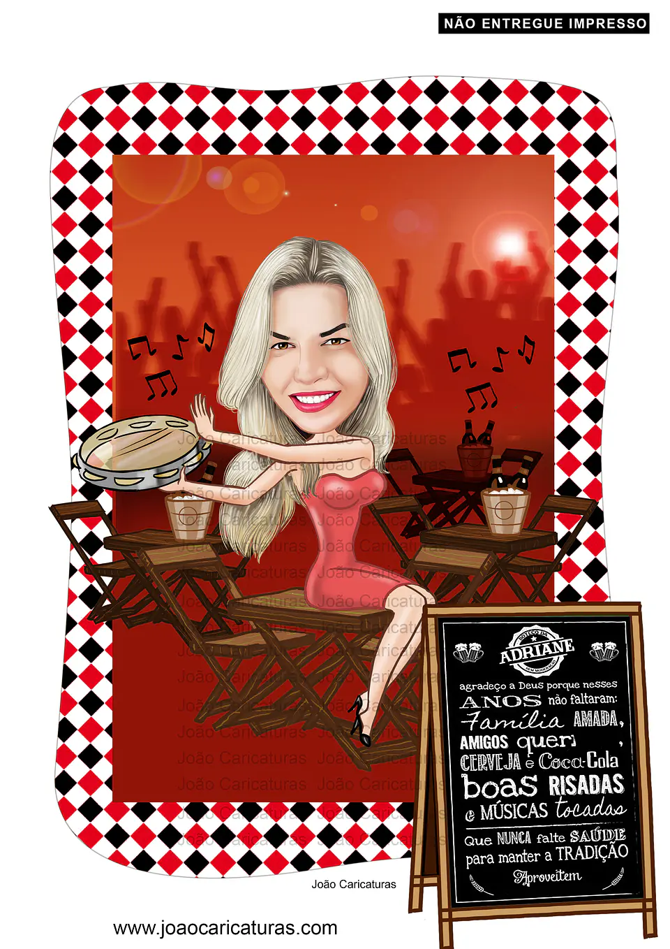Convite com caricatura tema boteco bar restaurante mulher sentada na mesa pandeiro taça copo caneca na mão festa trintão 20 30 40 50 60 70 anos 3