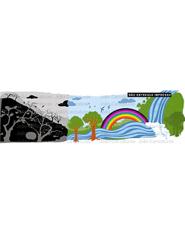 Desenho ilustração artistica braço de homem segurando copo cachoeira flores beija flor água e solo  seco seca sol irrigação arvores mortas arco iris deserto força da agua