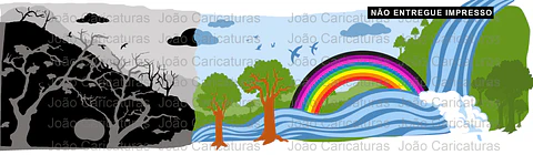 Desenho ilustração artistica braço de homem segurando copo cachoeira flores beija flor água e solo  seco seca sol irrigação arvores mortas arco iris deserto força da agua