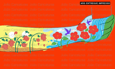 Desenho ilustração artistica braço de homem segurando copo cachoeira flores beija flor água e solo  seco seca sol irrigação arvores mortas arco iris deserto força da agua