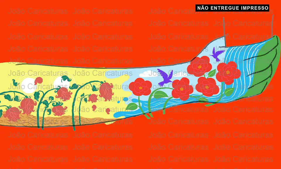Desenho ilustração artistica braço de homem segurando copo cachoeira flores beija flor água e solo  seco seca sol irrigação arvores mortas arco iris deserto força da agua 2