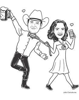 Desenho digital de casal puxando pela corda pescoço cowboy vaqueiro botas fazendeiro boiadeiro namorados bodas comemorando caneca cerveja laçado chapéu