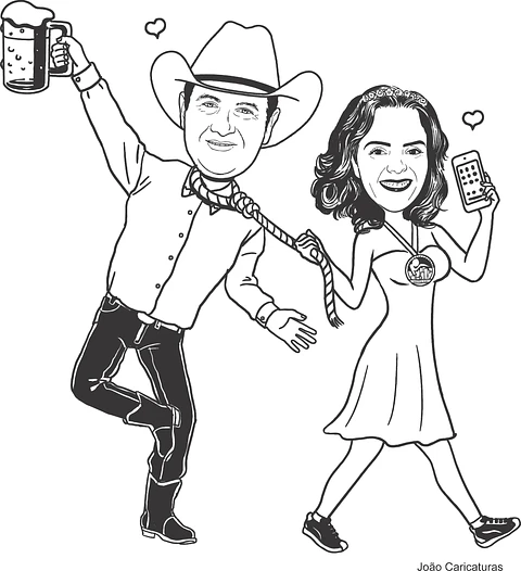 Desenho digital de casal puxando pela corda pescoço cowboy vaqueiro botas fazendeiro boiadeiro namorados bodas comemorando caneca cerveja laçado chapéu