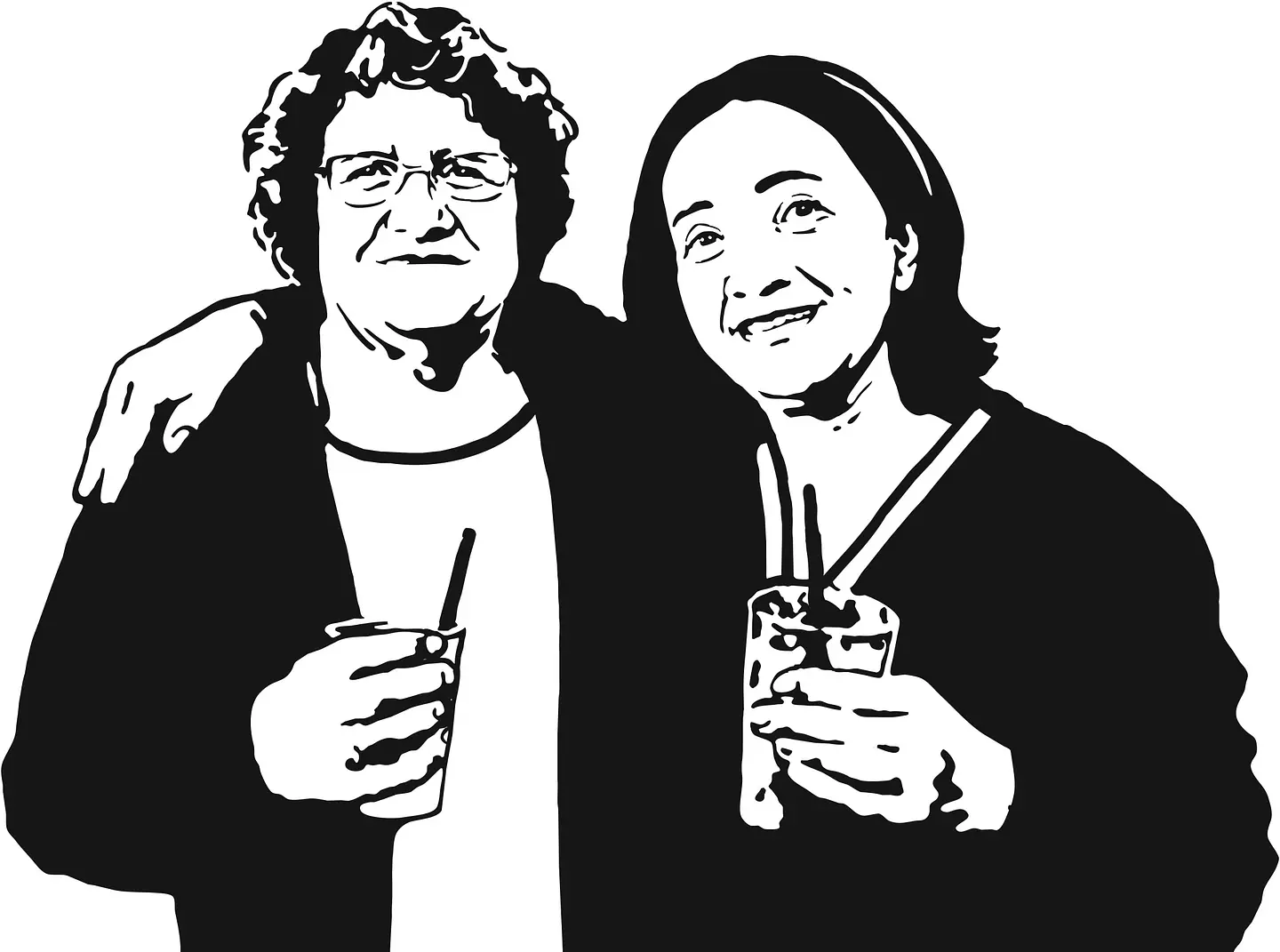 Desenho digital  vetorial estilizado traço preto abraçadas amigas bebendo refrigerant copo na mão camiseta ilustração peq impressões realista parecida personalizada família irmãs rancho memória eterna 1