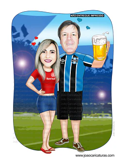 Caricatura digital de casal bodas namorados namoro abraçados aniversário camisa time grêmio celular cerveja chopp rosto normal Santos. gostosa internacional times sereia mulherão 