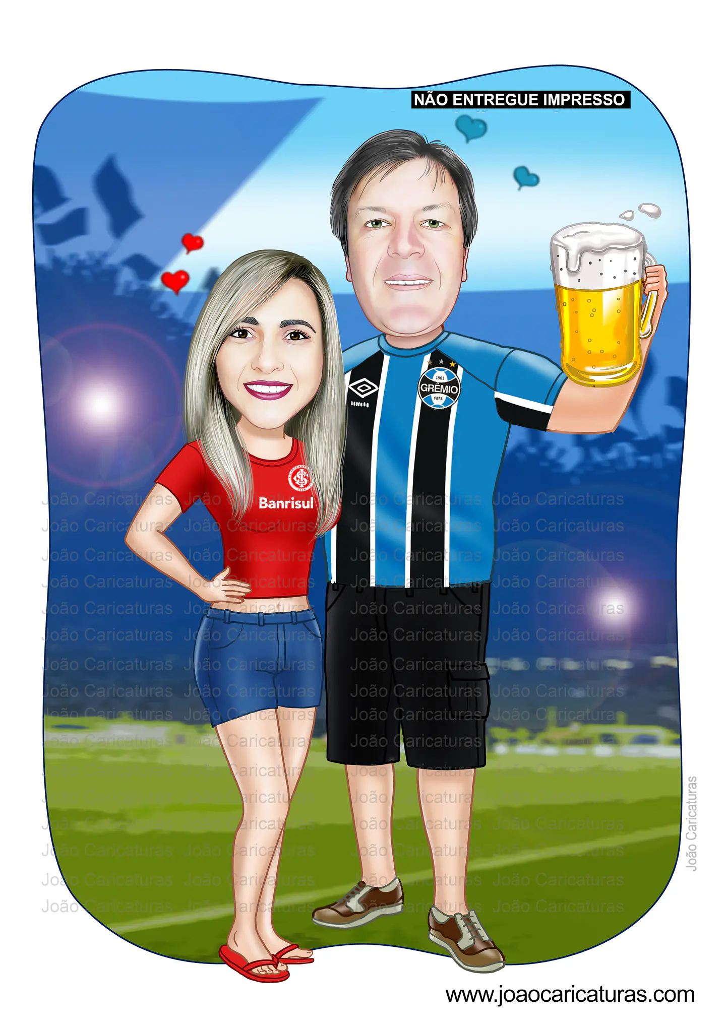 Caricatura digital de casal bodas namorados namoro abraçados aniversário camisa time grêmio celular cerveja chopp rosto normal Santos. gostosa internacional times sereia mulherão  1