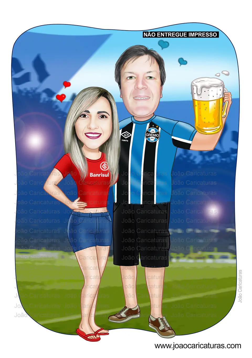 Caricatura digital de casal bodas namorados namoro abraçados aniversário camisa time grêmio celular cerveja chopp rosto normal Santos. gostosa internacional times sereia mulherão  1