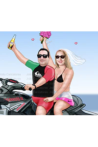 Caricatura casamento noivo pilotando moto ski, jet ski, moto aquática, mar, sentados, namorados, casando, RXT X