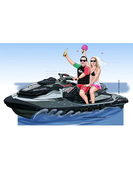 Caricatura casamento noivo pilotando moto ski, jet ski, moto aquática, mar, sentados, namorados, casando, RXT X