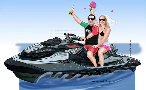 Caricatura casamento noivo pilotando moto ski, jet ski, moto aquática, mar, sentados, namorados, casando, RXT X