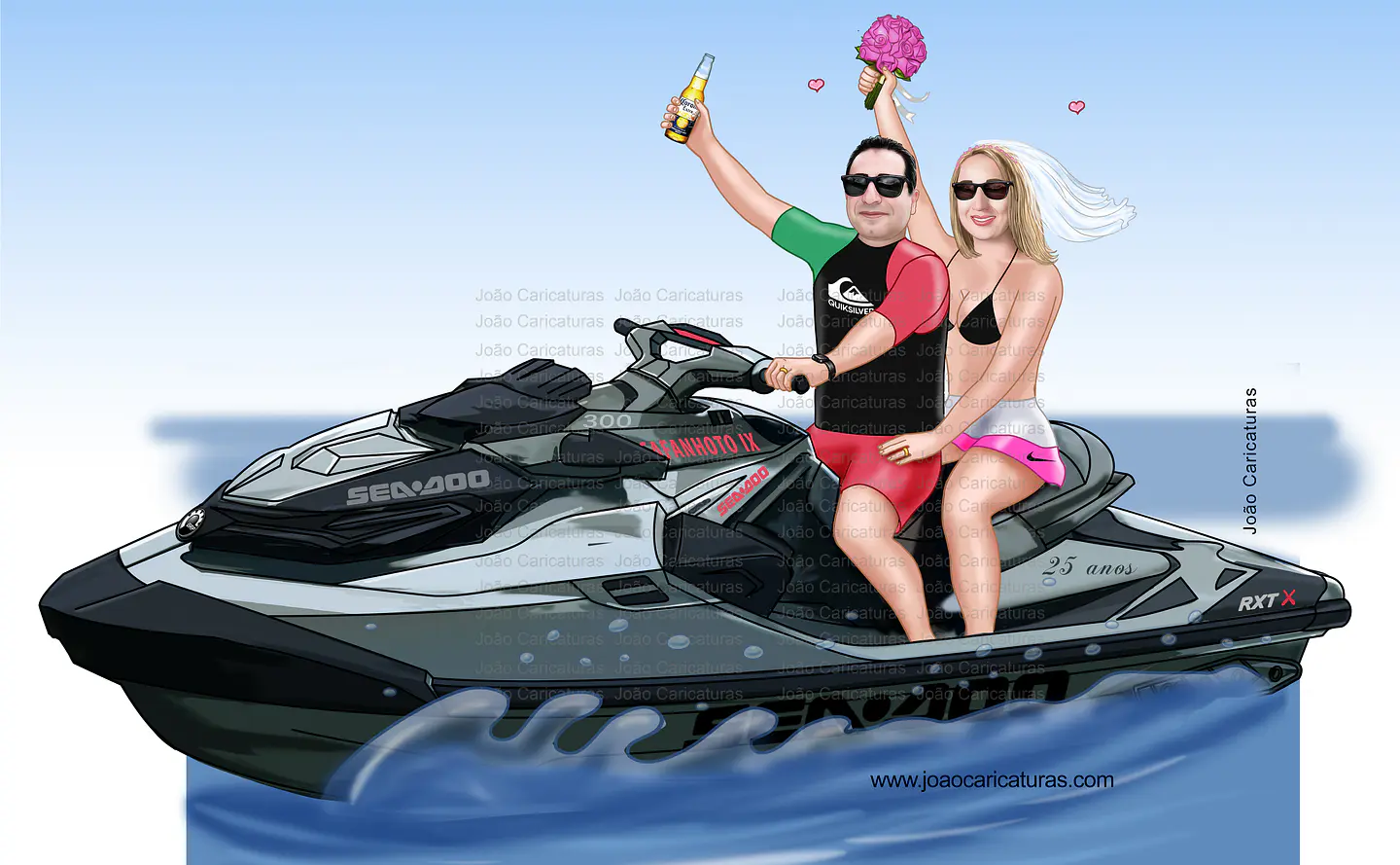 Caricatura casamento noivo pilotando moto ski, jet ski, moto aquática, mar, sentados, namorados, casando, RXT X 1