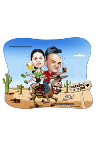 Caricatura casal, bodas,aniversário, casamento, traje nordestino, Maria bonita, Lampião, cangaço, cangaceiro, fantasia, nordeste, típico, nordestino, prendendo noivo, puxando mula jegue burro montado 