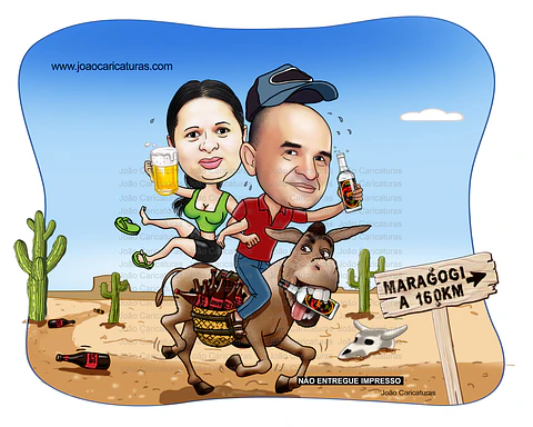 Caricatura casal, bodas,aniversário, casamento, traje nordestino, Maria bonita, Lampião, cangaço, cangaceiro, fantasia, nordeste, típico, nordestino, prendendo noivo, puxando mula jegue burro montado 