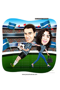 Caricatura digital de casal bodas namorados namoro abraçados aniversário camisa time grêmio celular cerveja chopp rosto normal Santos. gostosa internacional times sereia mulherão 