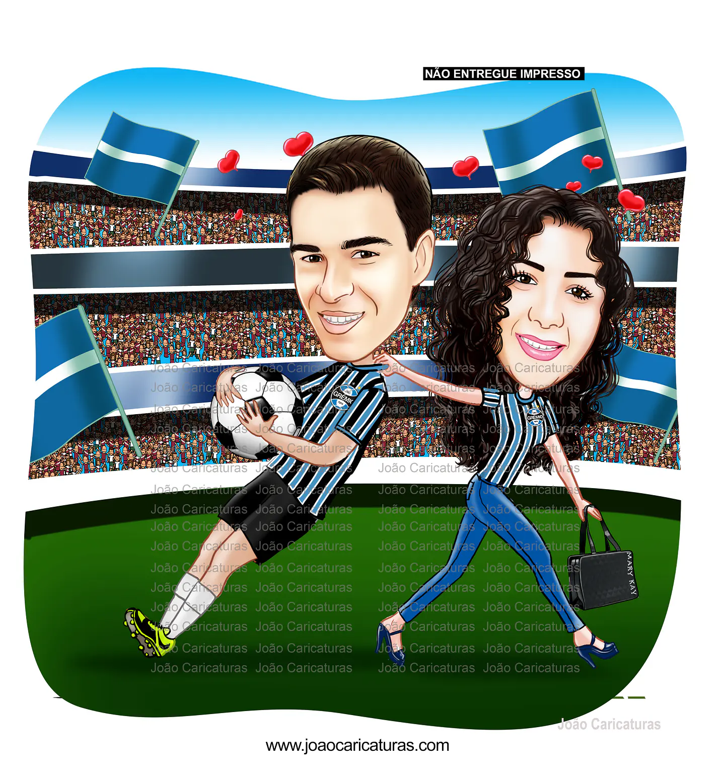 Caricatura digital de casal bodas namorados namoro abraçados aniversário camisa time grêmio celular cerveja chopp rosto normal Santos. gostosa internacional times sereia mulherão  5