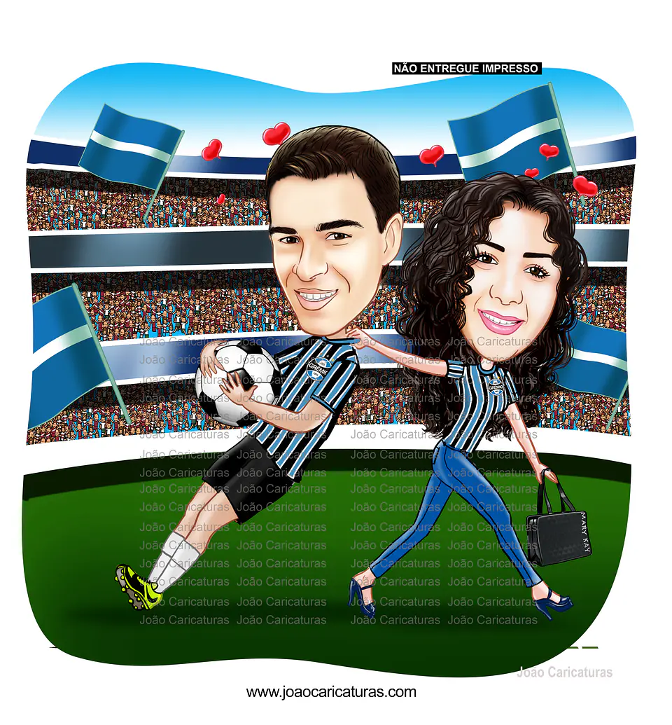 Caricatura digital de casal bodas namorados namoro abraçados aniversário camisa time grêmio celular cerveja chopp rosto normal Santos. gostosa internacional times sereia mulherão  5