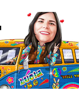 Caricatura aniversário mulher mãe, tia, irmã senhora, dirigindo kombi, hippie, 1960 e 1970, paz e amor, psicodélico, antiga, perua