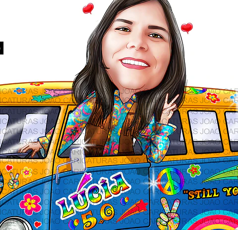 Caricatura aniversário mulher mãe, tia, irmã senhora, dirigindo kombi, hippie, 1960 e 1970, paz e amor, psicodélico, antiga, perua