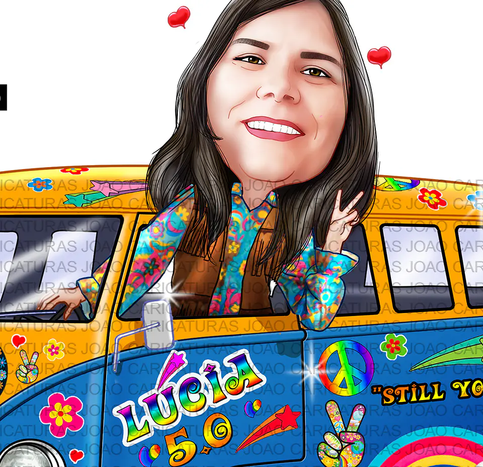 Caricatura aniversário mulher mãe, tia, irmã senhora, dirigindo kombi, hippie, 1960 e 1970, paz e amor, psicodélico, antiga, perua 1