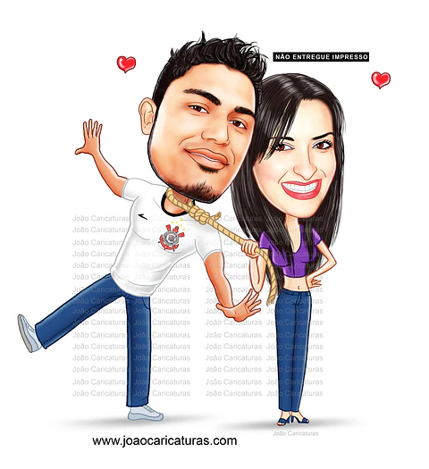 Caricatura desenho casal namorados time de futebol corinthians puxando corda pescoço amarrado preso controlado na corda cachorrinho timão torcedor fanático gaviões da fiel