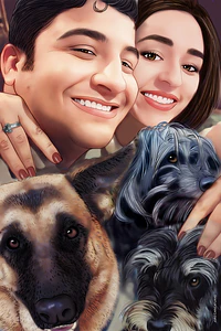 Caricatura digital de casal namorados namoro abraçados aniversário festa presente juntinhos crush moderna realista rosto normal natura traços perfeitos idênticos cão dog cachorro pet 