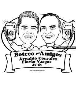 Caricatura Digital Tema boteco duplo- amigos, irmãos duas pessoas brindando, time, a traço, sem cor, corel, vetor