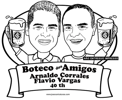 Caricatura Digital Tema boteco duplo- amigos, irmãos duas pessoas brindando, time, a traço, sem cor, corel, vetor