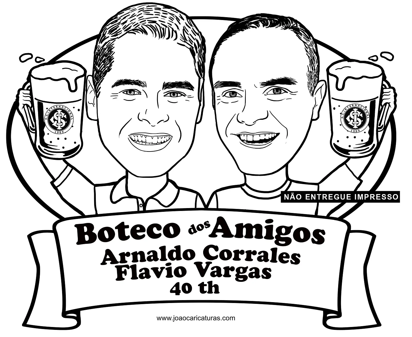Caricatura Digital Tema boteco duplo- amigos, irmãos duas pessoas brindando, time, a traço, sem cor, corel, vetor 1