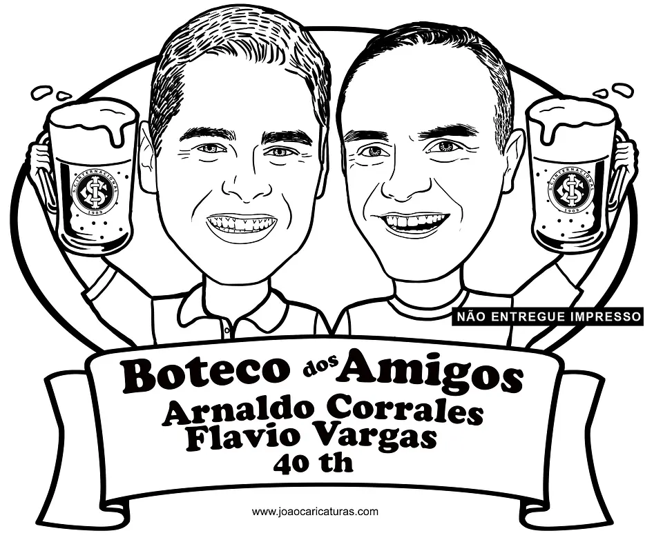 Caricatura Digital Tema boteco duplo- amigos, irmãos duas pessoas brindando, time, a traço, sem cor, corel, vetor 1